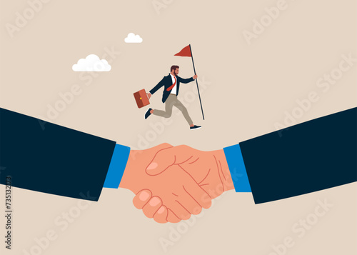 Businessman with flag running from hand to hand. Business deal, agreement, contract, executive handshaking. leadership business concept illustration - Vector
