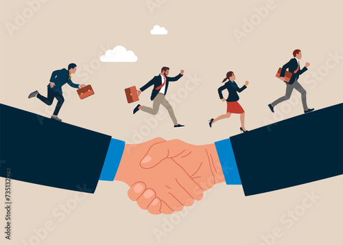Business team running from hand to hand. Business deal, agreement, contract, executive handshaking. leadership business concept illustration - Vector