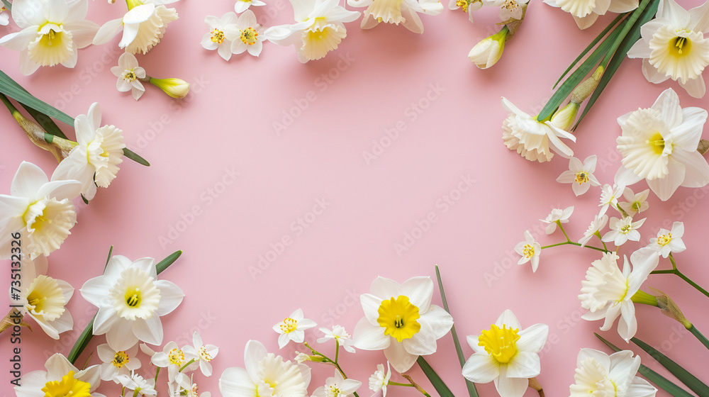 Fototapeta premium Romantic Spring Frame: Daffodil Flowers Delicately Outline a Pink Background, Creating a Perfect Clipart Design for Art Projects with Generous Space for Text.