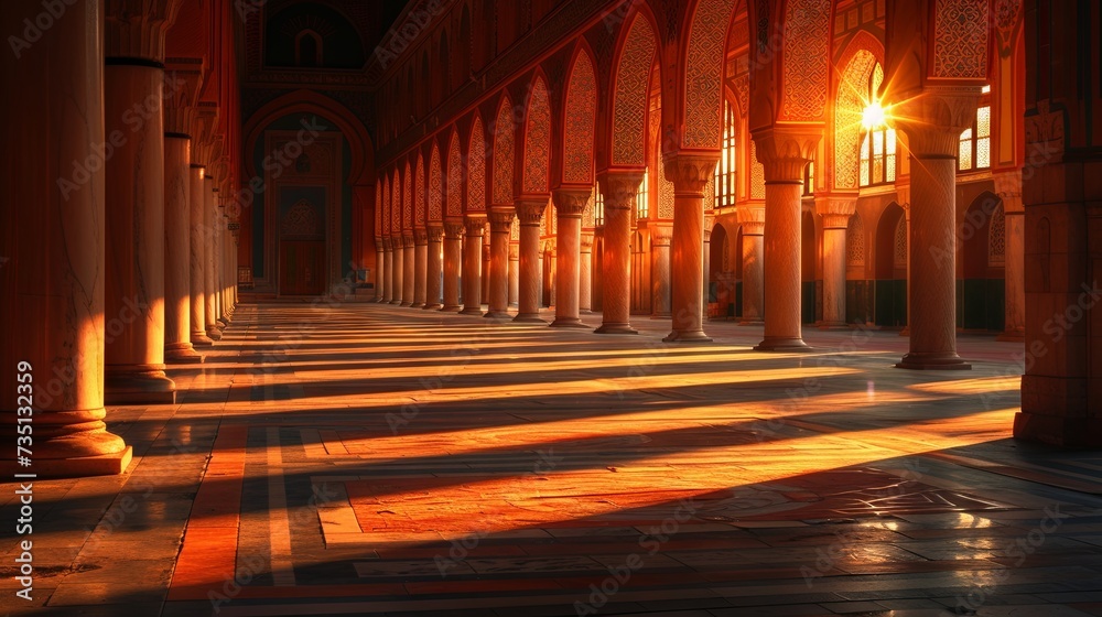Interior of the mosque at sunset, Istanbul, Turkey.
