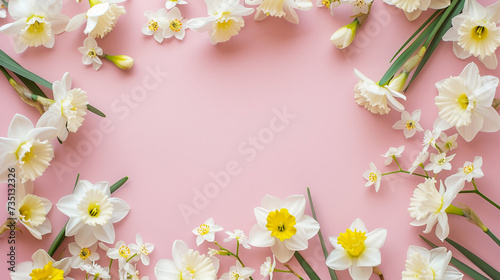 Romantic Spring Frame: Daffodil Flowers Delicately Outline a Pink Background, Creating a Perfect Clipart Design for Art Projects with Generous Space for Text.
