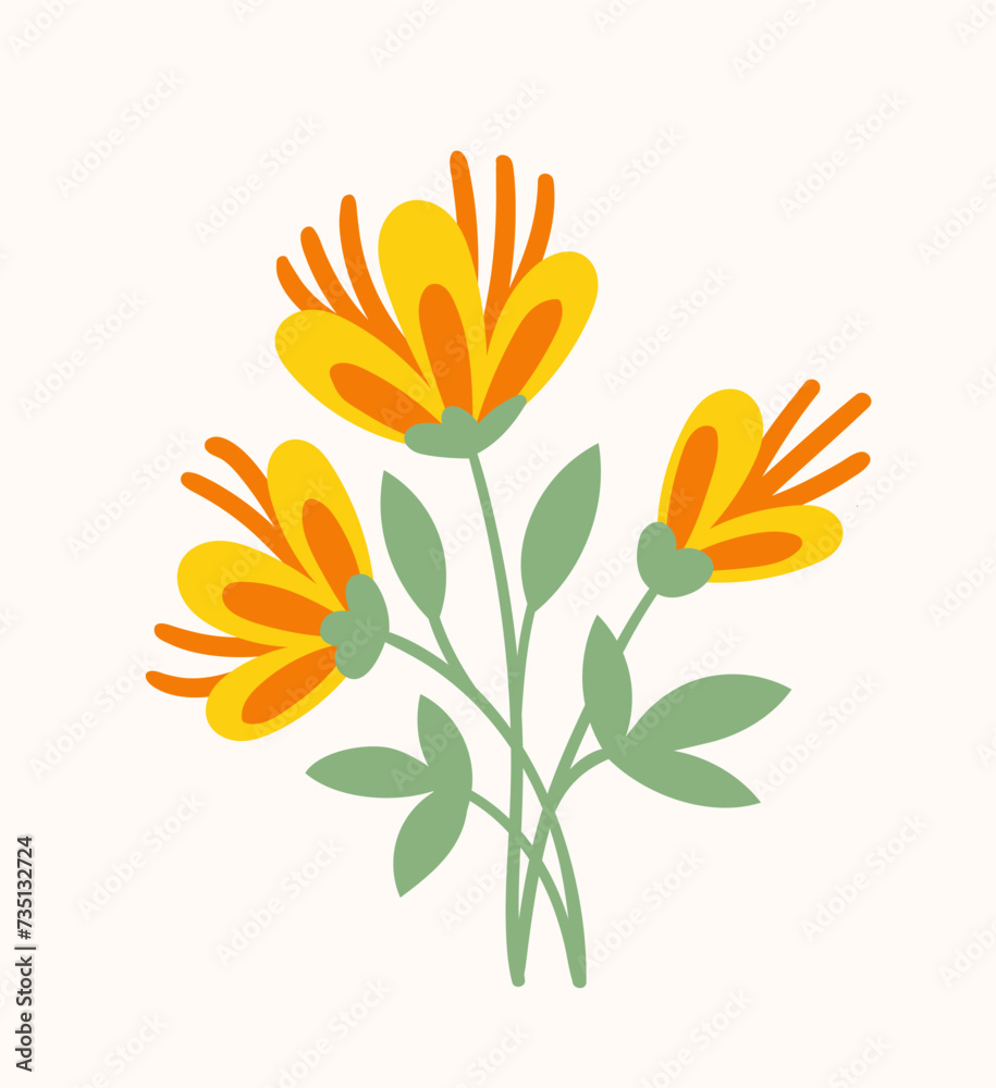 Bouquet with spring flower concept. Yellow and red flowers with leaves. Wild life and flora. Sticker for social media. Bloom and blossom. Cartoon flat vector illustration isolated on white background