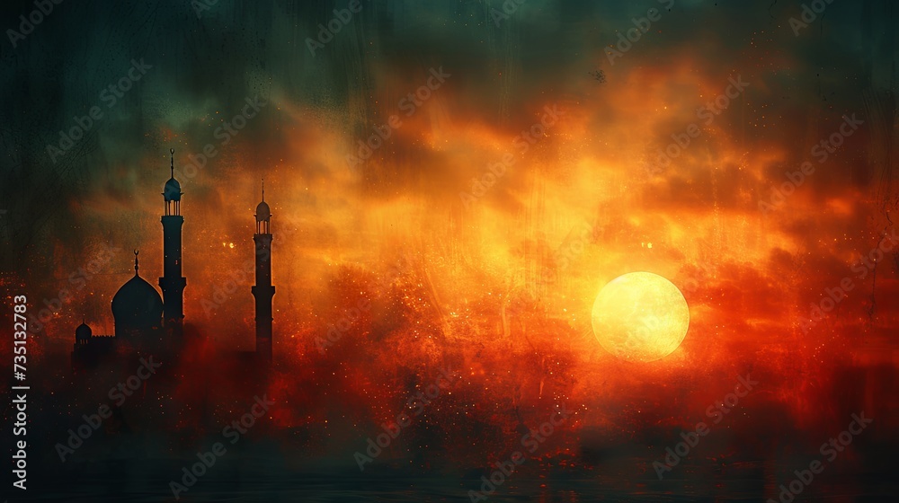 Ramadan Kareem background with mosque and sunset illustration.