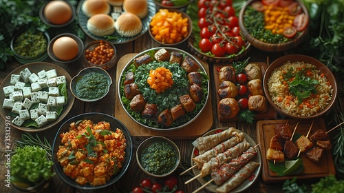 Assortment of delicious arabian dishes in bowls on wooden table, closeup