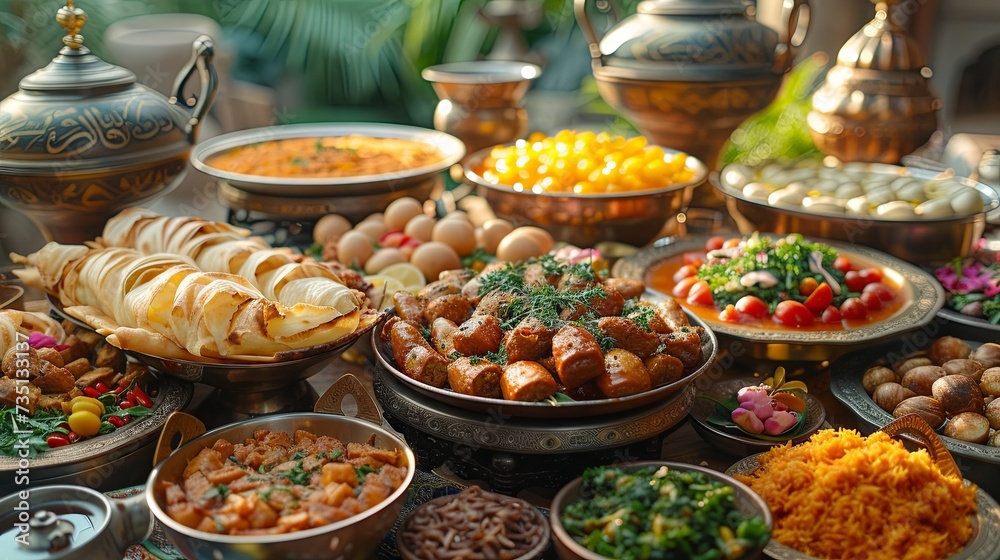 Traditional oriental dishes on the table. Uzbek cuisine. Close-up