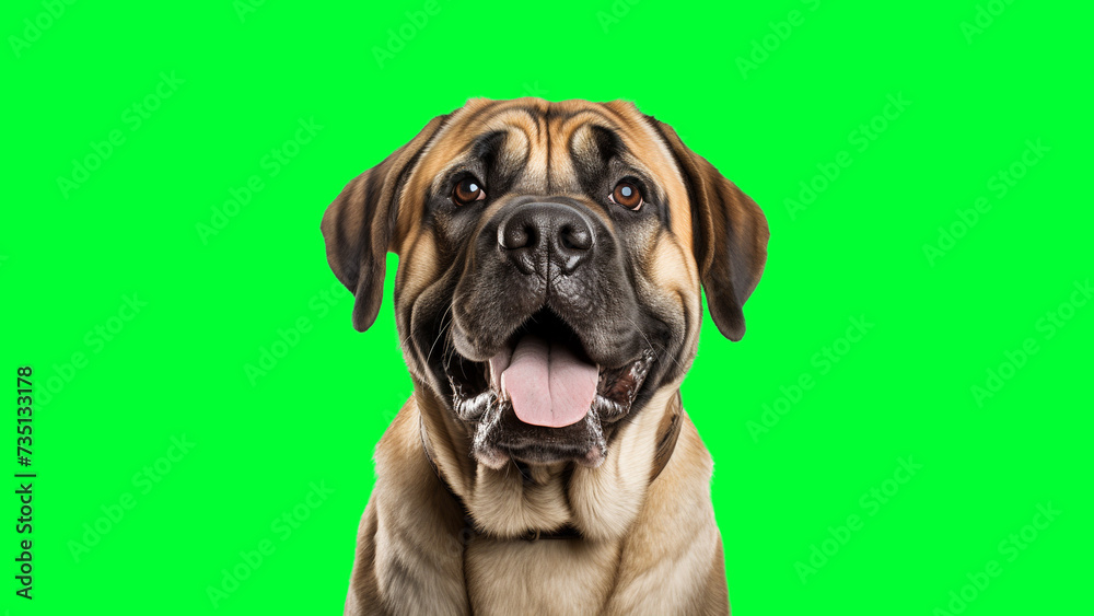 Portrait photo of smiling English Mastiff on green background