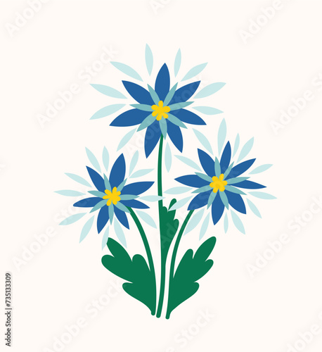 Fototapeta Naklejka Na Ścianę i Meble -  Bouquet with spring flower concept. Blue flowers with leaves. Wild life and flora. Spring season element. Bloom and blossom. Cartoon flat vector illustration isolated on white background