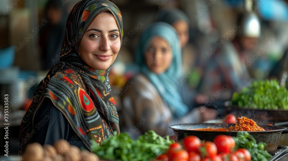 Young muslim women selling food in the market.