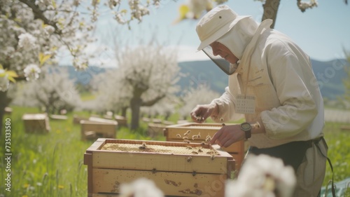 Beekeeper Tending to Hives Amidst Spring Blossoms - Nurturing bee hives in a blooming spring landscape.