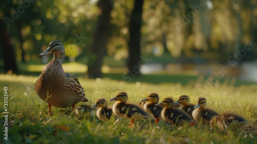 Mother Duck Leading Ducklings on a Serene Walk - A heartwarming scene of a duck family enjoying the tranquility of a park.