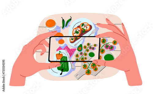 Food blogger shooting video concept. Online master class and recipe. Young girl holding smartphone in hands. Poster or banner. Cartoon flat vector illustration isolated on white background