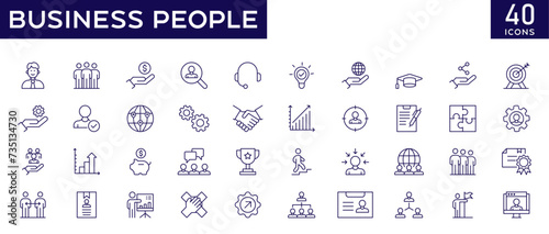 Business people icons set with fully editable stroke thin line vector illustration with success, resume, work group, meeting, partnership, human resource, teamwork, office management, support, target