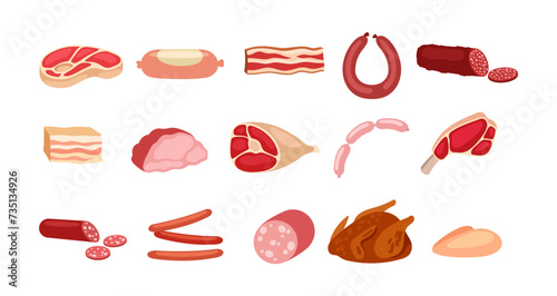 Different food icons set. Meat products. Slices of sausages, pork and beef, fryed chicken. Healthy and fresh eating. Poster or banner. Cartoon flat vector collection isolated on white background