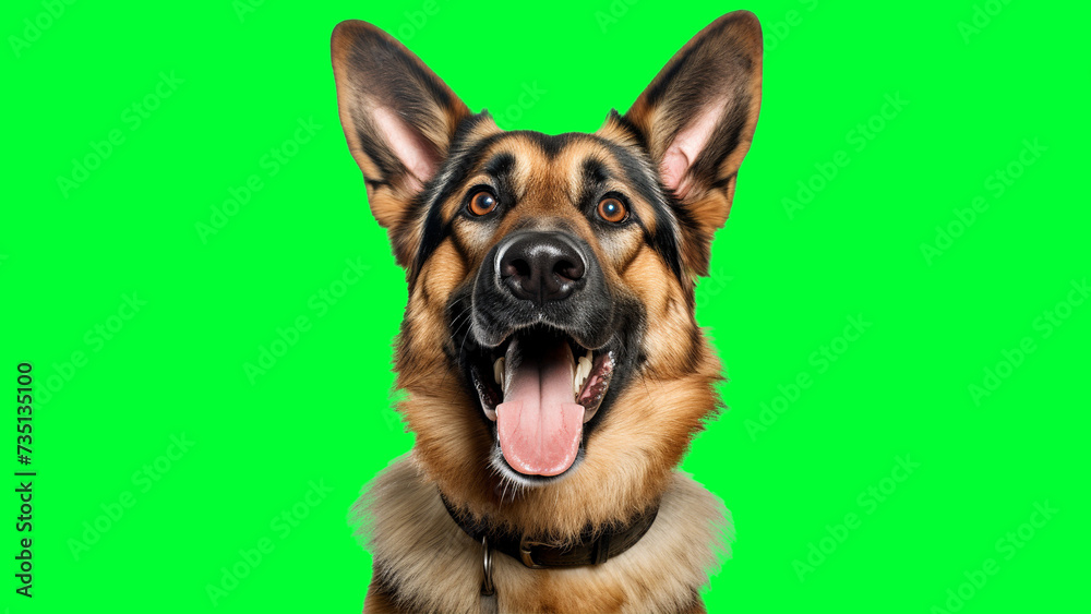 Portrait photo of smiling German Shepherd on green background