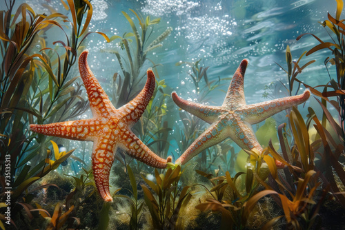 Elegant underwater scene featuring a variety of sea stars against a backdrop of swaying sea plants