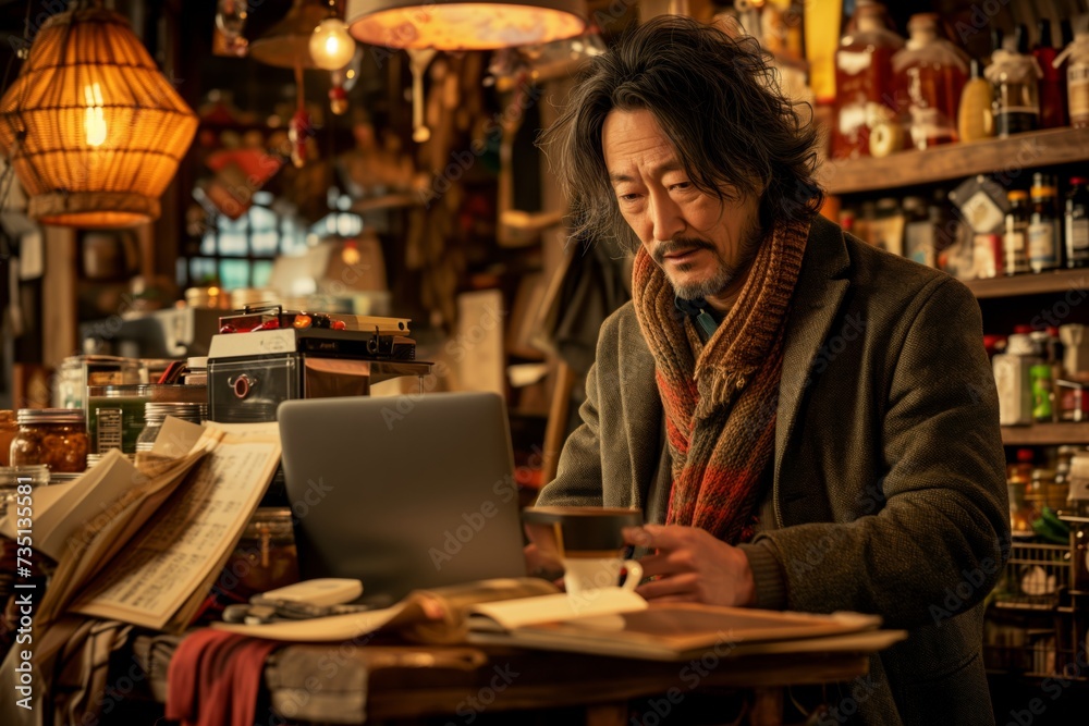 Mature asian  in a vintage shop with laptop, pensive amid eclectic surroundings. Reflective artist types on laptop in a cozy, antique-filled workshop, creativity in the air