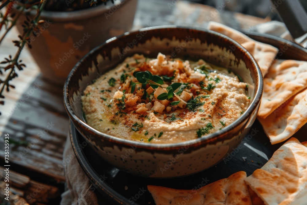 Hummus dip with chickpea, parsley, olive oil, pita chips