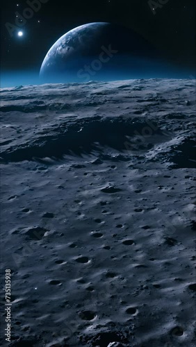 Cinematic planet earth view from the moon surface. Starry space in the background. Travel across the lunar soil with craters. Vertical 4k footage