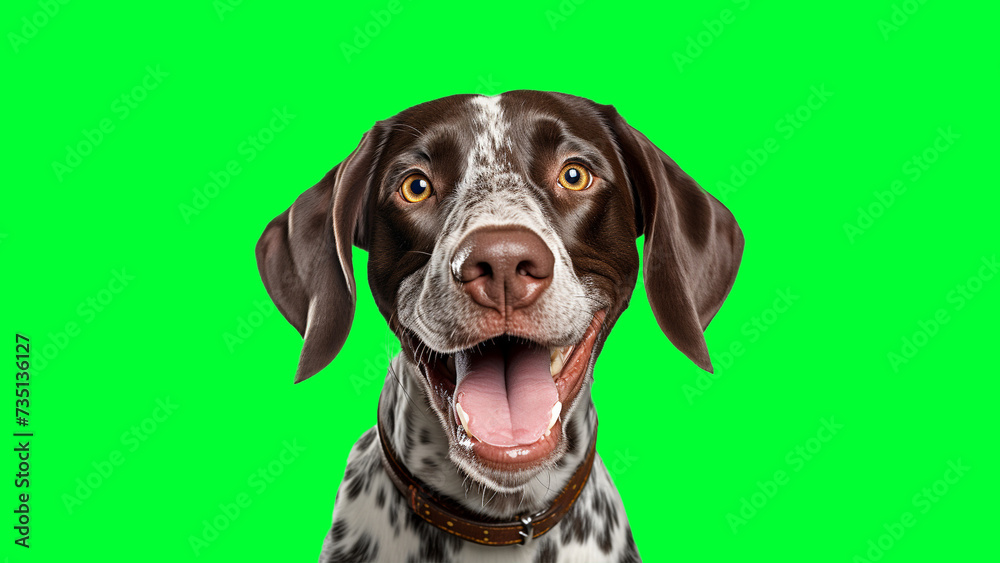Portrait photo of smiling German Shorthaired Pointer on green background