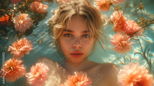A beautiful blonde young woman in the water surrounded with flowers. Cacophony of floral blooms in bright sunlight and contrasting shadows on surface.