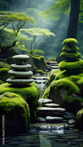 Stacked Moss-Covered Rocks Create Balance and Serenity in Nature, perfect for contemplation, meditation, and finding inner peace in nature
