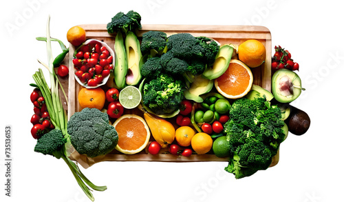 The concept of healthy food. Fresh vegetables, nuts and fruits in a wooden box. isolated on white background. Top view