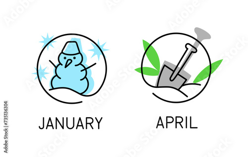 Seasons linear icons set. Rounds with snowman and shovel. January and April. Doodle sketch. Graphic element for website. Outline flat vector collection isolated on white background