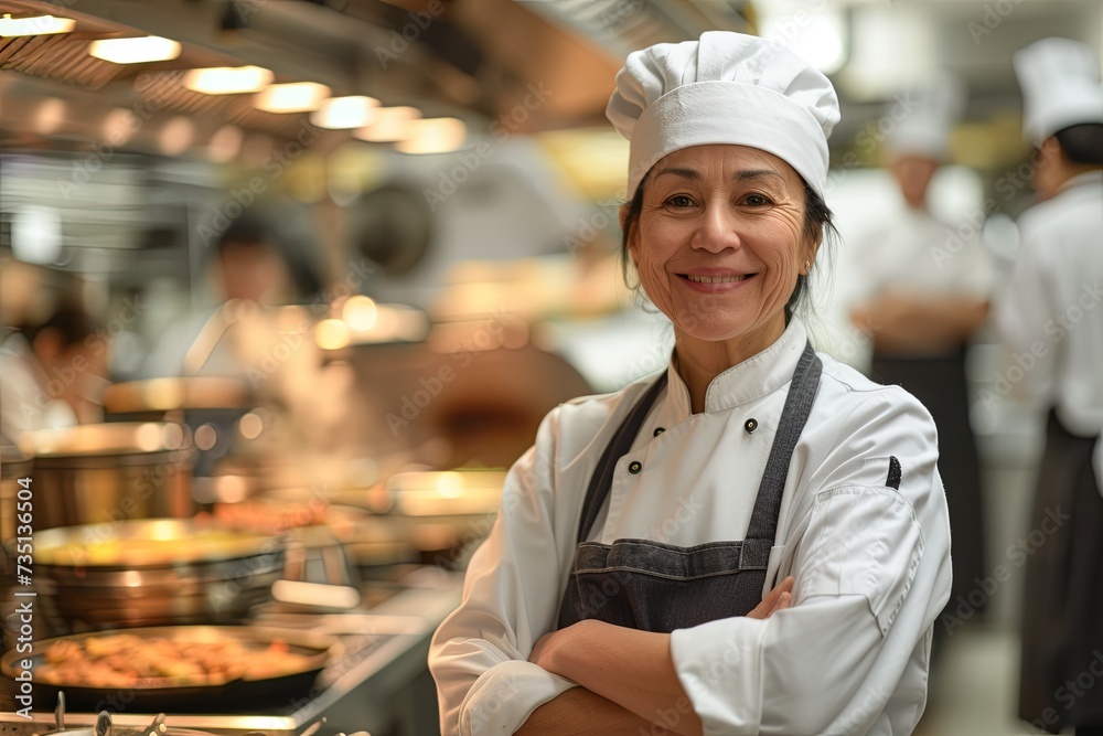 Experienced female chef standing proudly in a bustling commercial kitchen, with team in background. Experienced female chef standing proudly in a bustling commercial kitchen, with team in background.