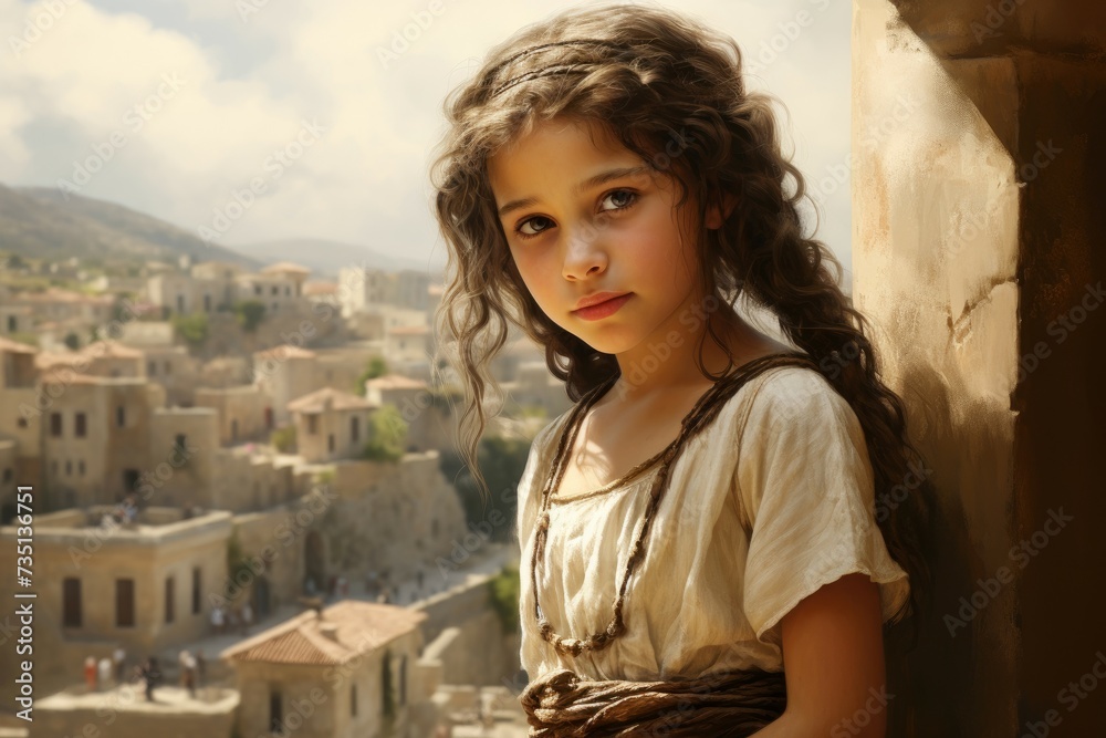 Child girl ancient greek city. Tourism history. Generate Ai