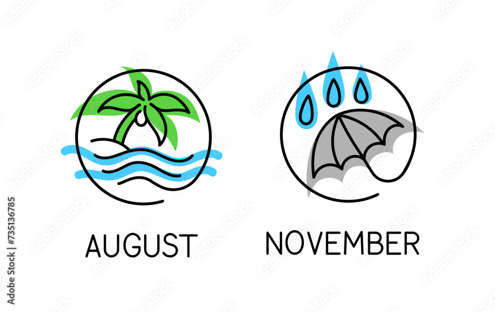 Seasons linear icons set. Rounds with palm and umbrella. August and November. Doodle sketch. Graphic element for website. Outline flat vector collection isolated on white background