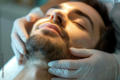 Close-up of a relaxed man getting a professional facial treatment in a serene spa environment. 