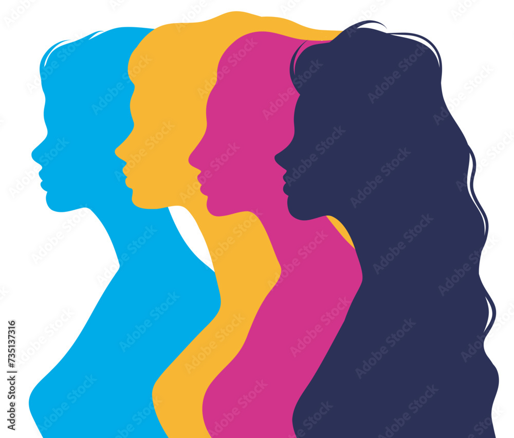 Happy International Women's Day vector illustration silhouettes of women of different colors standing side by side. Vector concept of movement for gender equality and women's empowerment