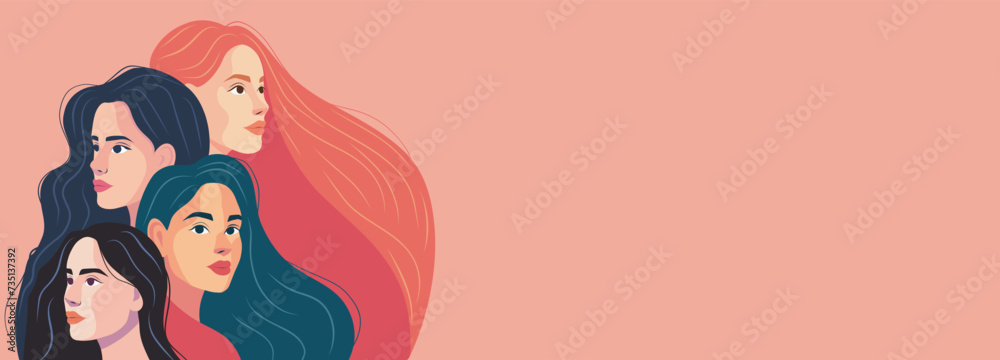 Vector banner place for text Happy Women's Day women with beautiful hair on a pink background. Concept of the movement for gender equality and women's empowerment Vector banner place for text Happy Women's Day women with beautiful hair on a pink background. Concept of the movement for gender equality and women's empowerment
