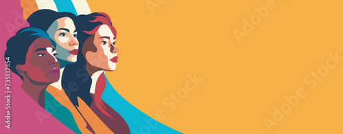 Horizontal vector banner for International Women's Day, women of different cultures and nationalities Vector concept of movement for gender equality and women's empowerment
