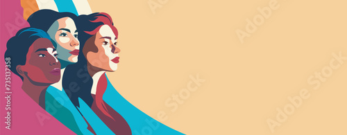 Horizontal vector banner for Women's Day, women of different cultures and nationalities together on a light background. Vector concept of movement for gender equality and women's empowerment