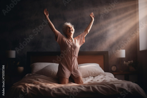 Joyful Senior Woman Stretching in Bed