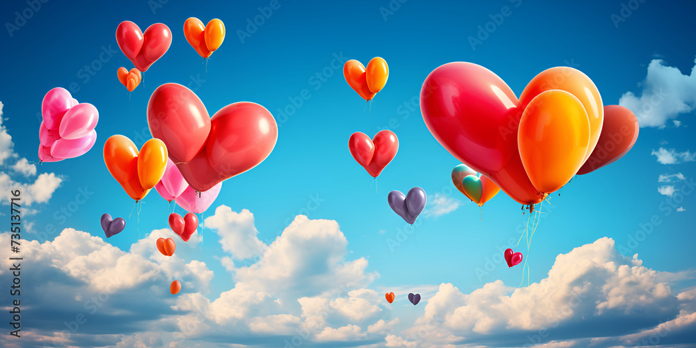 Bunch of colorful balloons against clear blue sky, wide banner, copy space on side 
