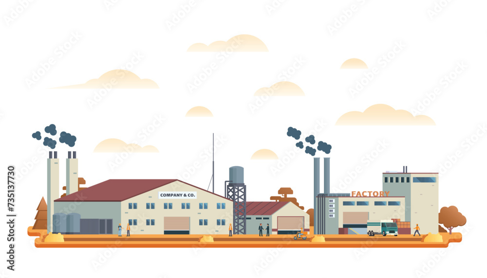 Obraz premium Factory or industrial site buildings vector illustration. Flat design illustration front view concept for city illustration