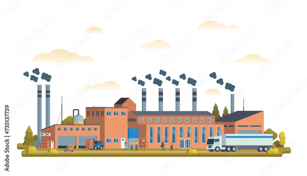 Factory or industrial site buildings vector illustration. Flat design illustration front view concept for city illustration