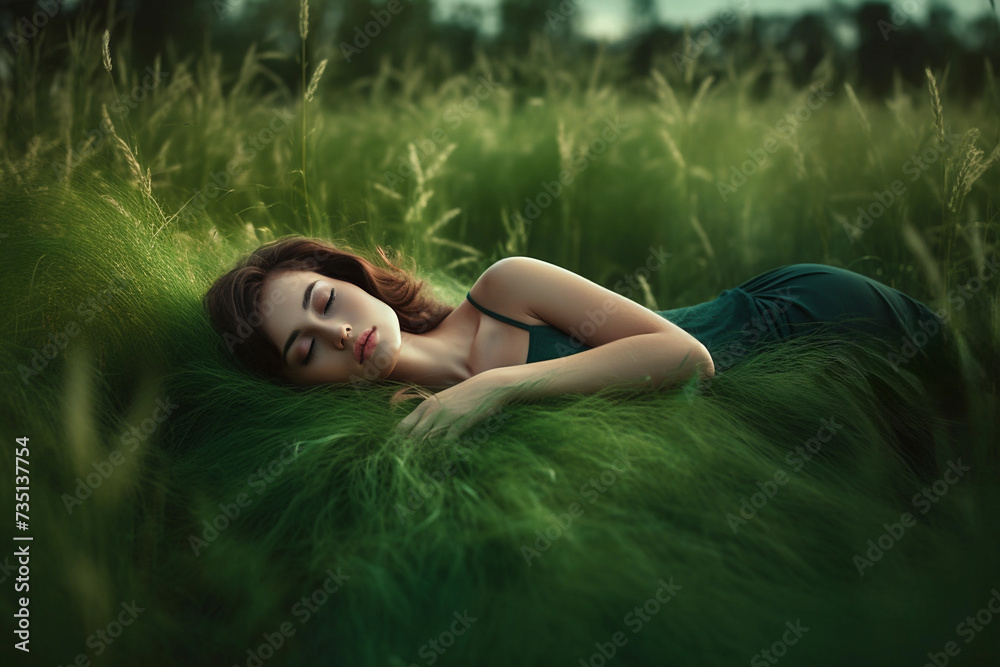 Tranquil Woman Lying in Lush Grass Field Tranquil Woman Lying in Lush Grass Field