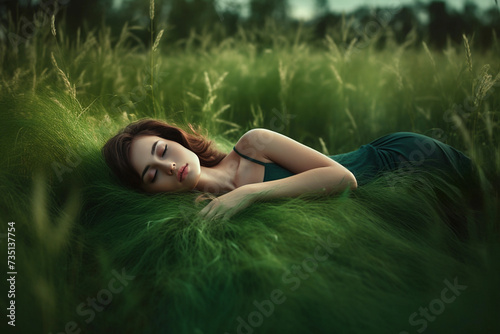 Tranquil Woman Lying in Lush Grass Field