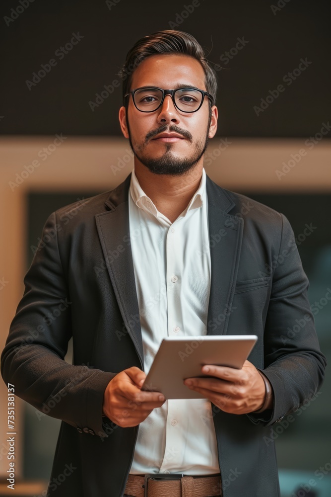 Young, dashing, masculine, Latin businessman executive looking at camera while holding digital tablet against modern office background for vertical portrait.