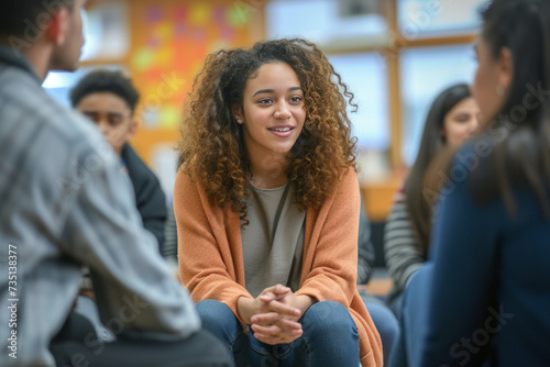 Young black curly haired american female high school counselor is talking to students, blurred background photo