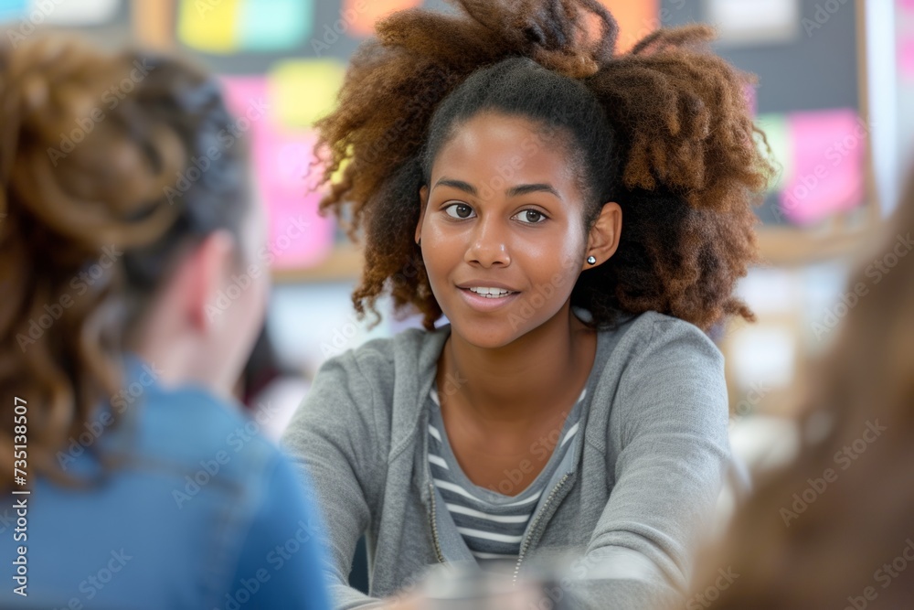 Obraz premium Young curly hair black American female high school counselor talking to students