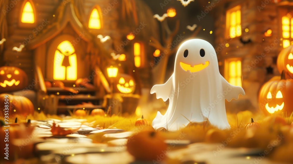 A ghost standing in front of a spooky Halloween house. Suitable for Halloween-themed designs and decorations A ghost standing in front of a spooky Halloween house. Suitable for Halloween-themed designs and decorations