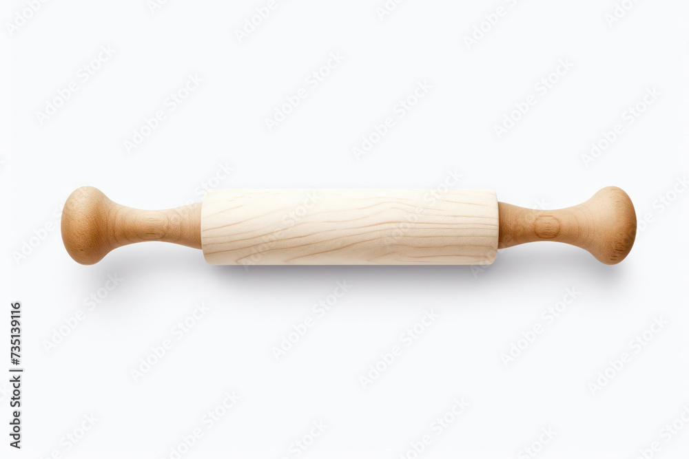 Vintage Wooden Kitchen Utensil: Traditional Rolling Pin on White Background