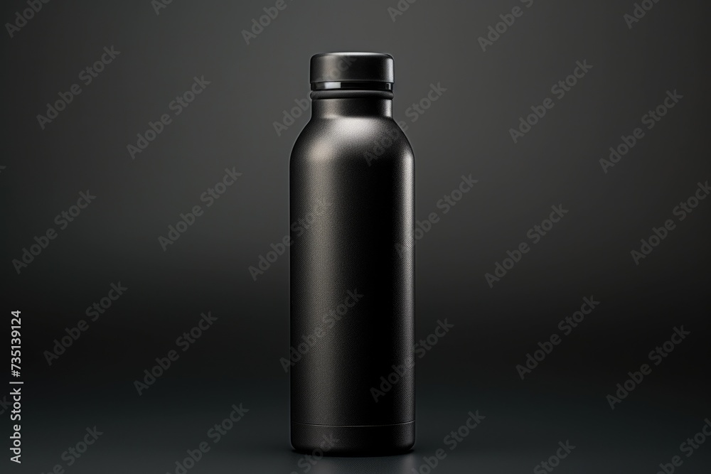 A black water bottle resting on a dark surface. Suitable for fitness, hydration, and health-related concepts A black water bottle resting on a dark surface. Suitable for fitness, hydration, and health-related concepts