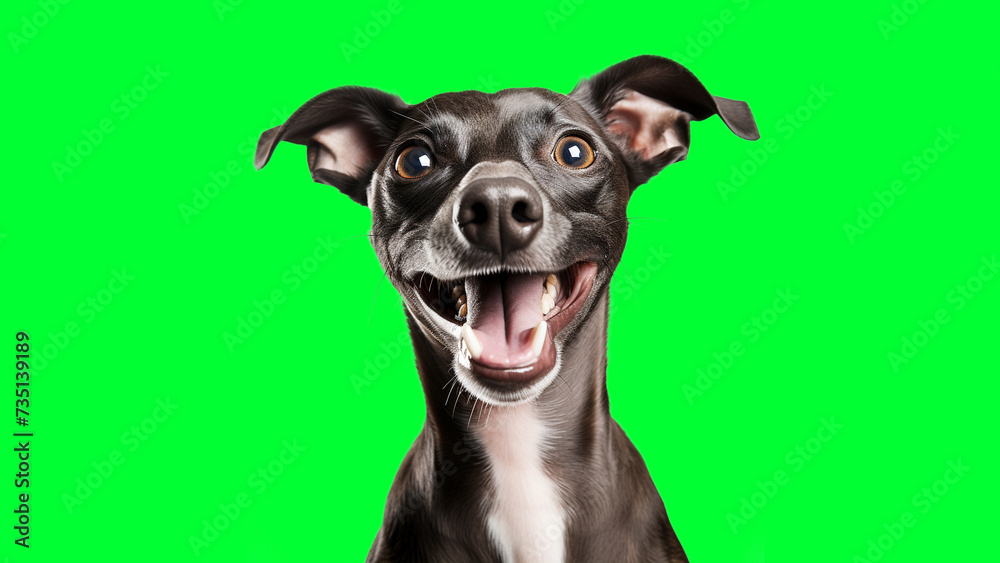 Portrait photo of smiling Italian Greyhound on green background