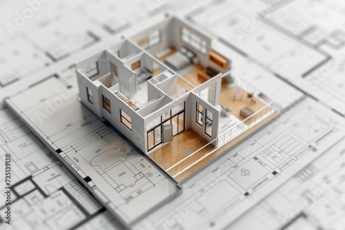 A model of a house placed on top of blueprints. This image can be used to represent architectural design, construction plans, or real estate projects