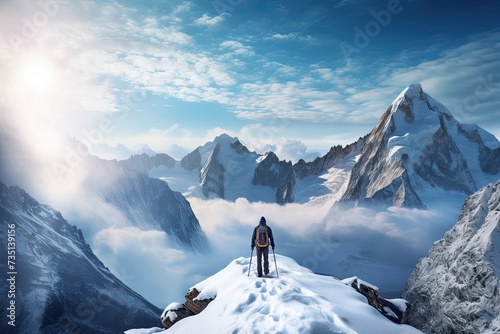 Lonely man enjoys the view of the summer mountains while he standing on a mountain peak. Hiking and digital detox concept. Contemplation of nature alone with your thoughts.